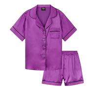 CityComfort Schlafanzug Mädchen 7-16 Jahre, 2-teiliges Satin Sommer Pyjama Set mit Kurzarm Top und Shorts, Geschenke für Mädchen (7-8 Jahre, Violett)