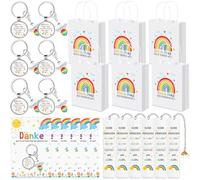 Clabby 24 Stück 6 Set Abschiedsgeschenk Kindergarten Kita für Erzieher Regenbogen Vielen Dank Papiertüten Dankeskarten Perlen Schutzengel Schlüsselanhänger Lesezeichen für Tagesmutter Dankeschön