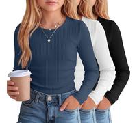 Clabby 3er Pack Mädchen Langarmshirt Baumwoll Rippstrick | Rundhalsausschnitt, Slim Fit Layering Shirts, Weiche Unterziehshirts, Schuluniform, Basic Teen Tops, Winter Layer