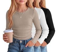 Clabby 3er Pack Mädchen Langarmshirt Baumwoll Rippstrick | Rundhalsausschnitt, Slim Fit Layering Shirts, Weiche Unterziehshirts, Schuluniform, Basic Teen Tops, Winter Layer