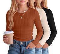 Clabby 3er Pack Mädchen Langarmshirt Baumwoll Rippstrick | Rundhalsausschnitt, Slim Fit Layering Shirts, Weiche Unterziehshirts, Schuluniform, Basic Teen Tops, Winter Layer