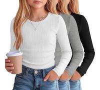Clabby 3er Pack Mädchen Langarmshirt Baumwoll Rippstrick | Rundhalsausschnitt, Slim Fit Layering Shirts, Weiche Unterziehshirts, Schuluniform, Basic Teen Tops, Winter Layer