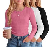 Clabby 3er Pack Mädchen Langarmshirt Baumwoll Rippstrick | Rundhalsausschnitt, Slim Fit Layering Shirts, Weiche Unterziehshirts, Schuluniform, Basic Teen Tops, Winter Layer