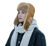 Clakllie Winter Trapper Bomber Mütze Hüte Fellmütze Pelzmütze Unisex Pilotenmütze Fliegermütze Wintermütze Frauen Leder Ushanka Russland Russen Hut Schneekappen Trappermütze mit Ohrenklappe Camel