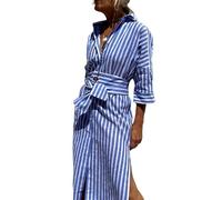 Classic Striped Lace-Up Shirt Dress 3/4 Sleeve Button Down Maxi Cotton Long V Neck for Women Shirt Dresses (M,Blue)