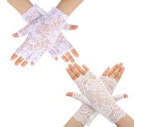 Classicseali 2 Paar Spitzen Handschuhe Weiß, Fingerlose Spitzenhandschuhe, Elegante Spitzenhandschuhe Weiss mit Blumenmuster für Hochzeiten, Abschlussbälle, Teepartys, Dinnerpartys (Weiß)