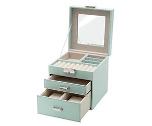 Clauss Schmuckkästchen, 3 Ebenen, 2 Schubladen, Spiegel im Deckel, abschließbar, PU-Leder, Geschenk, BC-10045