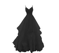 CLcaojun Damen Tüll V Ausschnitt Bling Glänzendes Abendkleid Ärmellos Spaghettiträger Lang Layered Bankett Abschlussball Kleid, Schwarz , 40