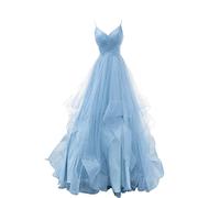 CLcaojun Damen Tüll V Ausschnitt Bling Glänzendes Abendkleid Ärmellos Spaghettiträger Lang Layered Bankett Abschlussball Kleid, himmelblau, 38