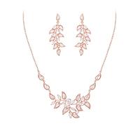 Clearine Blatt Cluster Schmuckset Brautschmuck Set Zirkonia Anhänger Halskette und Tropfen Ohrringe für Hochzeit Party Klar Rosegold Ton