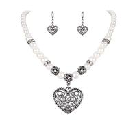 Clearine Damen Oktoberfest Trachtenscmuck Künstliche Perlen Kristall Amulettherz Dirndlkette Perlenkette Ohrringe Schmuck Set