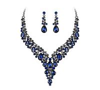 Clearine Hochzeit Schmuck-Set Tropfen Strass Cluster Statement Halskette und Ohrhänger-Set Kostümschmuck für Damen Saphir Farbe Schwarz-Ton