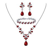 Clearine Hochzeit Zirkonia Schmuckset für Braut Brautjungfern Kristall Tropfen Anhänger Halskette, Tennis Armband und Kronleuchter Blatt Baumeln Ohrringe für Damen Rubin-Rot Silber-Ton