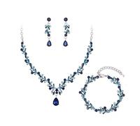 Clearine Hochzeitsschmuck Set für Damen, Glänzende Strass Teardrop Leaf Cluster Statement Halskette Dangle Drop Ohrringe Gliederarmband für Hochzeit Party Prom Zubehör Saphir Silber-Ton