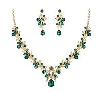 Clearine Kostüm Schmuck-Set für Abschlussball-Party Hochzeit Tropfen Blatt Strass Kristall Anhänger Halskette und Ohrhänger für Damen/Ehefrau/Freundin Smaragd-Grün Gold-Ton