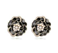 Clearine Rose Ohrstecker Vintage Elegant Simulierte Perle Emaille Blume Ohrringe für Damen Schwarz Gold Ton