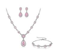 Clearine Statment Schmuckset Damen Hochzeit Cubic Zirkonia Tropfen Y-Halskette Kette, Armband und Ohrhänger Set Rosa Silber-Tone