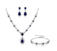 Clearine Statment Schmuckset Damen Hochzeit Cubic Zirkonia Tropfen Y-Halskette Kette, Armband und Ohrhänger Set Sapphire Silber-Tone