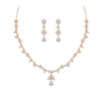 Clearine Zirkonia Halskette Ohrringe Set Hochzeit Braut Blume Blatt Kristall Tropfen Marquise Anhänger Schmuckset für Damen Klar Rosegold Ton