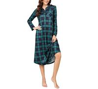 Clearlove Nachthemd Damen Langarm Warm Karierte Schlafshirt Lang mit Knopfleiste Umlegekragen Sleepshirt Nachtkleid Winter Grün XL