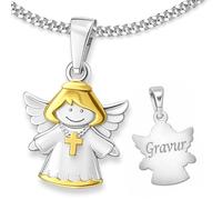 CLEER SCHMUCK Personalisierte Kette Schutzengel bicolor mit Gravur teilvergoldet mit Kettenauswahl STERLING SILBER 925 und Etui Geschenkset zur Taufe