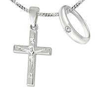 CLEVER SCHMUCK 2 AnhängerJesus Kreuz 17 mm & Taufring schlicht Zirkonia weiß & Kette Panzer 36 cm STERLING SILBER 925 für Kinder im Taufe Etui weiß