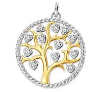 CLEVER SCHMUCK Baum des Lebens Kette Silber 33 mm offen teilvergoldet und Zirkonias herzförmig gefasst glänzend STERLING SILBER 925 im Etui creme