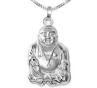 CLEVER SCHMUCK Buddha Halskette Anhänger 23 mm massiv Kette Panzer 50 cm 925 Sterling Silber für Damen & Herren im Schmucketui anthrazit