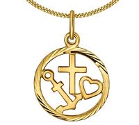 CLEVER SCHMUCK Damen Halskette Anhänger Medaille Ø 14 mm Glaube Liebe Hoffnung, Rand diamantiert & feine Panzerkette 45 cm beides 333 Gold 8 Karat im Schmucketui anthrazit