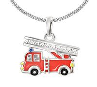 CLEVER SCHMUCK Feuerwehrauto Halskette kleiner Anhänger 12 x 9 mm rot schwarz gelb lackiert mit Kette Panzer 38 cm Sterling Silber 925 für Kleinkind in Geschenkverpackung