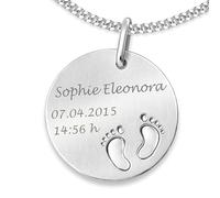 CLEVER SCHMUCK Geburtskette für Mütter Set mit Gravur Anhänger 18 mm Ø rund mit Baby Füßchen und Kette STERLING SILBER 925 Geschenk für Mamas mit Etui