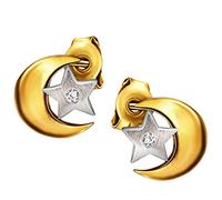Clever Schmuck Goldene kleine Damen Ohrringe als Ohrstecker bicolor Stern seidenmatt im Mond 6 x 6 mm schlicht glänzend mit einem Zirkonia im Sternchen 333 GOLD 8 KARAT