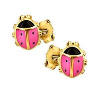 CLEVER SCHMUCK Goldene Mädchen Ohrringe als Ohrstecker kleine Marienkäfer 8 mm rosa schwarz lackiert glänzend 333 Gold 8 Karat im Etui rosa