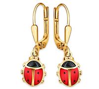 CLEVER SCHMUCK Goldene Marienkäfer Mädchen Ohrringe als Ohrhänger 24 mm mit Käfer 9 mm rot und schwarz lackiert 925 Silber im Etui rosa