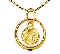 CLEVER SCHMUCK Goldener Jungen Anhänger kleiner Mini Taufring Edelstein Safir mit Einhänger Engel rund seidenmatt Rand diamantiert 333 Gold 8 KARAT und vergoldeter Kette Venezia 36 cm im Schmucketui
