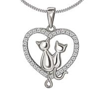 CLEVER SCHMUCK Halskette Katzen im Herz Anhänger 19 x 17 mm Katzenpaar & Zirkonias Panzerkette 45 cm 925 Sterling Silber 925 im Schmucketui creme