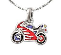CLEVER SCHMUCK Halskette Motorrad Anhänger 12 x 7 mm bunt lackiert und Kette Panzer 925 Sterling Silber für Jungs im Schmucketui blau
