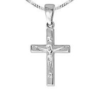 CLEVER SCHMUCK Halskette silberner Kinder Anhänger kleines Jesus Kreuz 17mm gerade schlicht Kette Panzer 38 cm Sterling Silber 925 für Junge oder Mädchen im Schmucketui creme