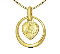 CLEVER SCHMUCK Jungen Taufkette Anhänger Taufring Edelstein Safir Engel herzförmig matt Rand diamantiert 333 Gold 8 Karat mit vergoldeter Kette im Etui anthrazit