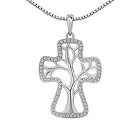 CLEVER SCHMUCK Kreuz Anhänger Halskette mit Baum des Lebens 25 x 19 mm viele Zirkonias reihum & Kette Venezia 42 cm Sterling Silber 925 im Kreuz-Etui