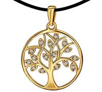 CLEVER SCHMUCK Lebensbaum Kette Gold für Damen Baum des Lebens Ø 20 mm + Zirkonias mit Kautschukband 45 cm glänzend Silber 925 vergoldet im Etui anthrazit