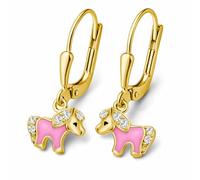 CLEVER SCHMUCK Pferde Ohrringe Gold für Mädchen 20 mm mit Pony Ohrhänger 5 mm rosa mit Zirkonias Sterling Silber 925 vergoldet im Etui rosa