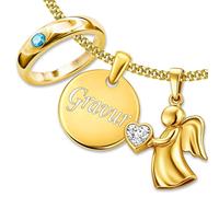 CLEVER SCHMUCK Set Gold Taufkette 3 Anhänger Platte 12mm mit Gravur + Schutzengel mit Herz 14 mm + Taufring mit Stein + Kette Silber 925 vergoldet Taufgeschenk in Schmuckverpackung