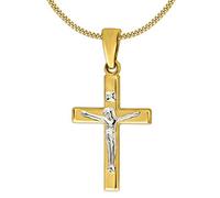 Clever Schmuck Set Goldener Kinder Anhänger kleines Jesus Kreuz 17 mm glänzend Bicolor und Kette Panzer 38 cm, beides 333 Gold 8 Karat