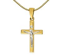 CLEVER SCHMUCK Set Goldener Kleiner Kinder Anhänger Jesus Kreuz 17 mm glänzend Bicolor 333 Gold 8 Karat und vergoldeter Kette Venezia 40 cm im Kreuz Etui Sand