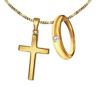 CLEVER SCHMUCK Set Goldkette & 2 Anhänger Taufring Zirkonia weiß & Kinder Kreuz 15 mm schlicht & feine Kette Panzer 38 cm beides 333 Gold 8 Karat im Schmucketui