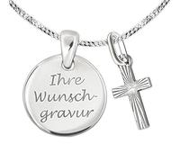 Clever Schmuck Set mit Gravur: 2 Silberne Anhänger Gravurplatte 12 mm glänzend inkl. Gravur einseitig + Mini Kreuz 12 mm diamantiert sowie Kette STERLING SILBER 925 im Etui