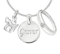 CLEVER SCHMUCK Set mit Gravur: 3 Silberne Anhänger Gravurplatte 12 mm inkl. Gravur einseitig + Mini Engel 10 mm Herz in der Hand + wählbarem Zirkonia-Taufring und Kette STERLING SILBER 925 im Etui