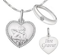 CLEVER SCHMUCK Set mit Gravur: Anhänger Herz 10 x 11 mm mit Engel matt Rand glänzend diamantiert und Rückseite mit Ihrer Wunschgravur sowie Kette + Taufring nach Wahl STERLING SILBER 925 im Etui