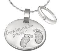 Clever Schmuck Set mit Gravur Anhänger oval inkl. Wunschgravur mit kleinen Füßchen inkl. Auswahl Kette & inkl. Auswahl Taufring mit Steinfarbe 925/- STERLING SILBER Taufgeschenk für Junge oder Mädchen